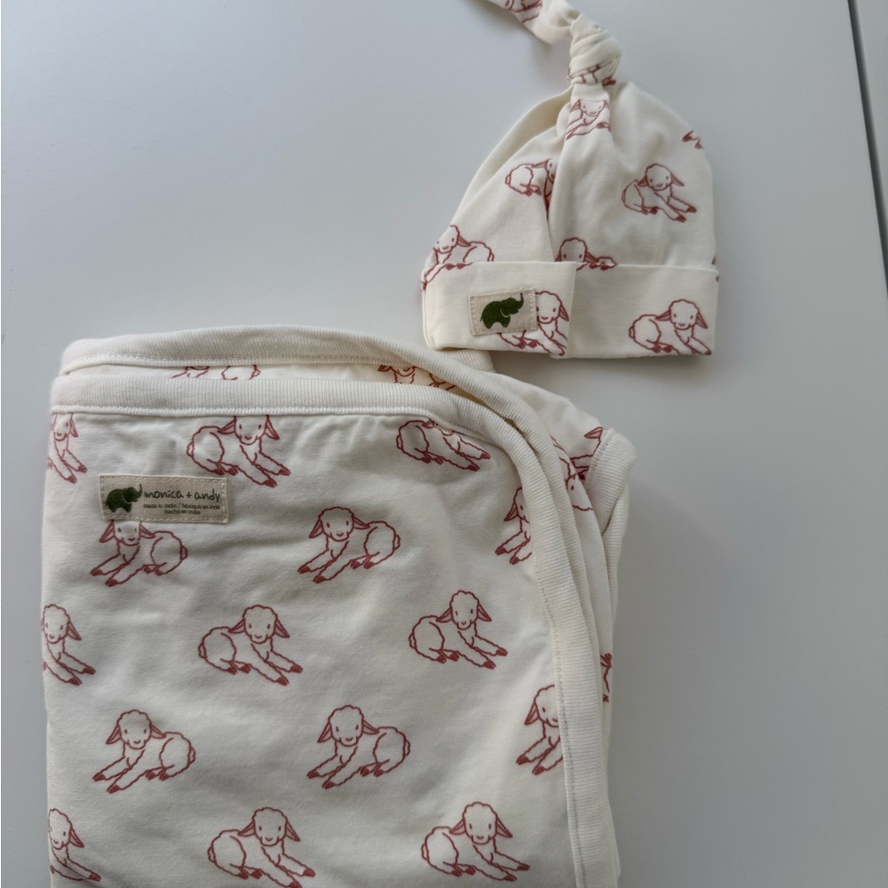 Hospital Cuddle Bundle - Organic Cream Baby Hat and Swaddle Set with Lamb Print